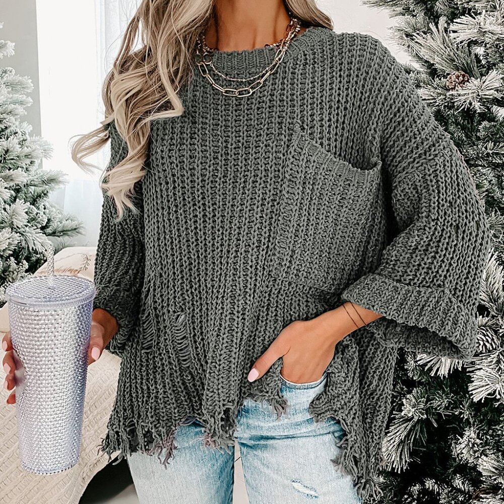 B008 Gray Ripped Raw Hem Chunky Pullover Sweater
